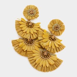 Stone Embellished Half Round Raffia Link Dangle Earrings